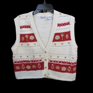 VTG That's Me Fall Sweater Vest Cream & Rust Leaves Button Size Large